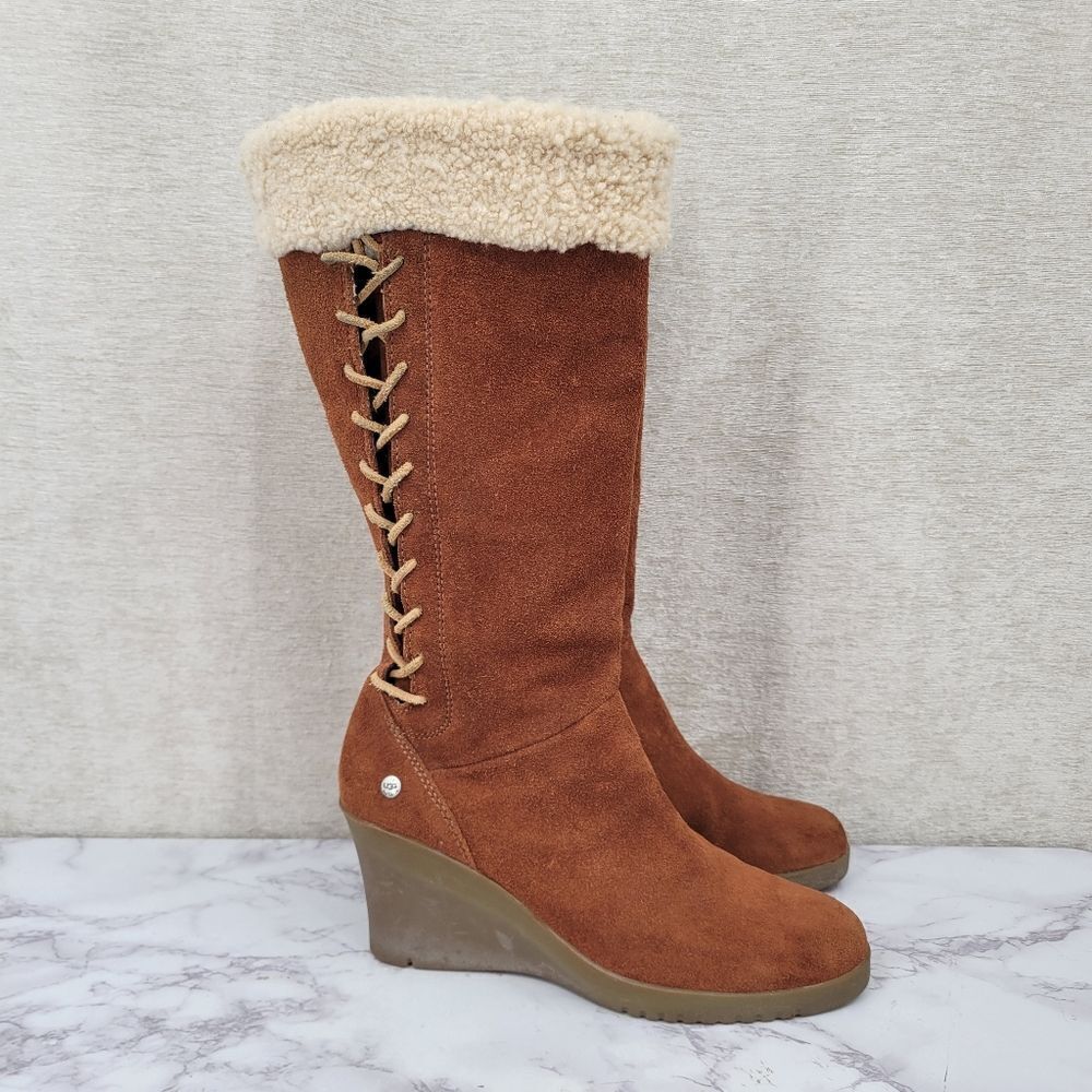 Ugg Felicity Brown Suede Wedge Boots with Real Sherpa Sheepskin Cuff And Footbed